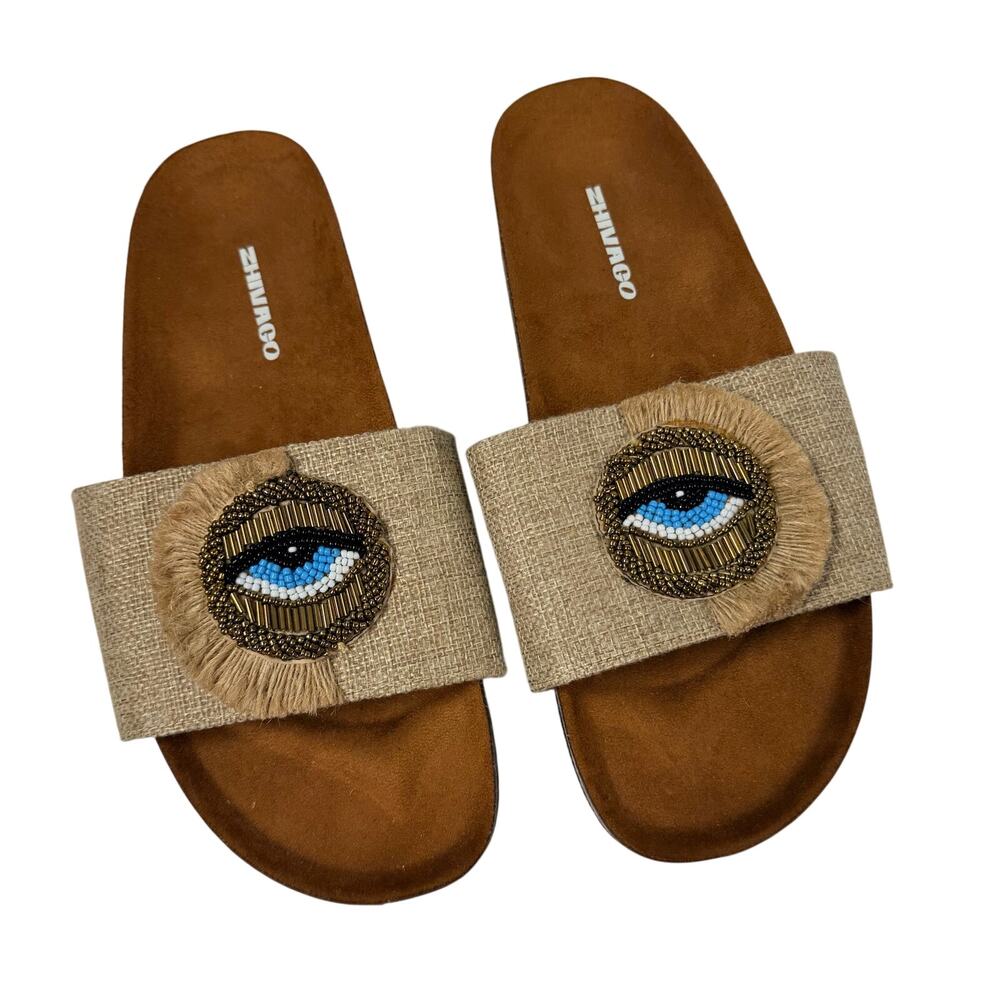 Slip On Sandals Beaded Eyes Size 10 Summer Casual Zhivago Evil Eye Burlap